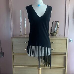 BCBGMaxAzria Black Fringe V-Neck Tank Top